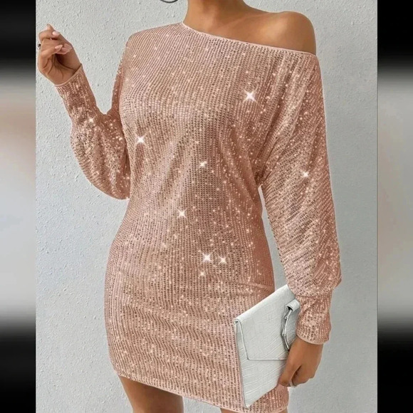 . Dresses & Skirts - Women's Shiny Oblique Shoulder Lantern Sleeve Dress
